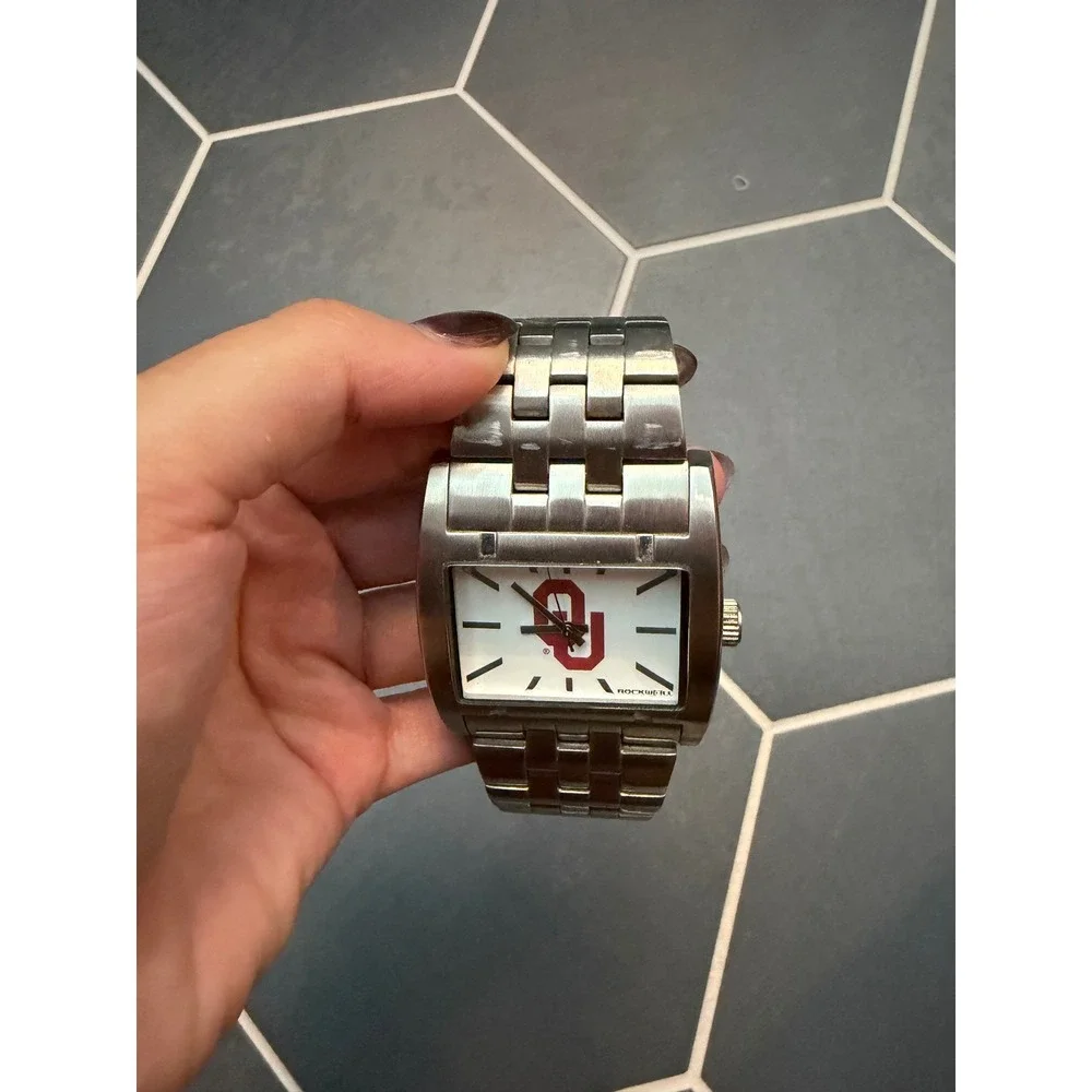 Rockwell Oklahoma Sooners OU Stainless Steel Rectangle Quartz Watch Silver Tone